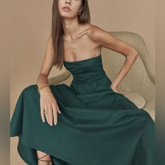 NEW Reformation Lissa Cotton Midi Dress Forest Green Removable Strap | US 4 UK 8 - Picture 3 of 13